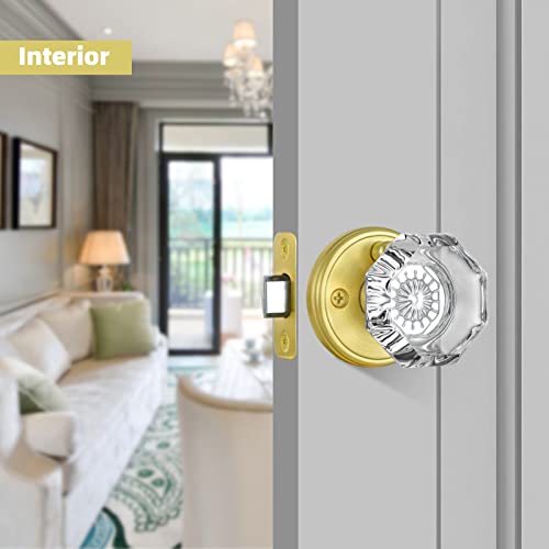 CLCTK Gold Door Knob with Lock, Octagon Crystal Glass Door Knobs for Interior Door, Privacy Function Bathroom Bedroom Door Knobs Interior, Satin Brass Finish - Image 3