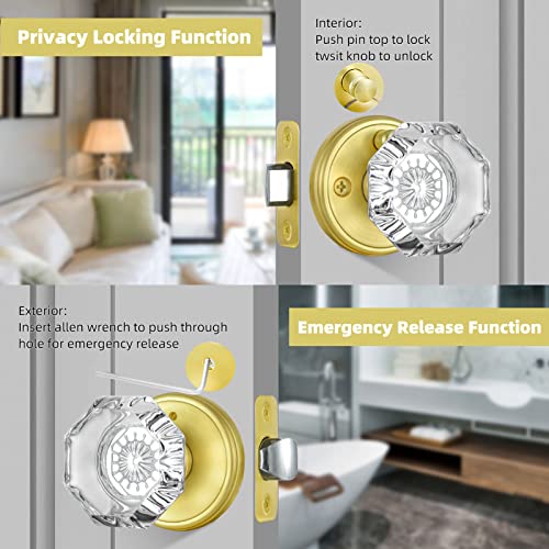 CLCTK Gold Door Knob with Lock, Octagon Crystal Glass Door Knobs for Interior Door, Privacy Function Bathroom Bedroom Door Knobs Interior, Satin Brass Finish - Image 5