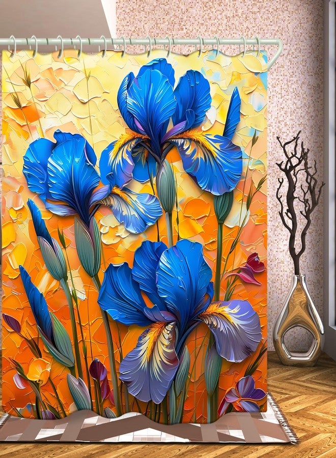 LYFANS Bathroom Shower Curtains Brings a Pleasant Mood to Bathing, with a Unique Artistic Waterproof Oil Painting Blue Flower Shower Curtain (72x79 Inches) Equipped with 12 Hooks. - Image 1