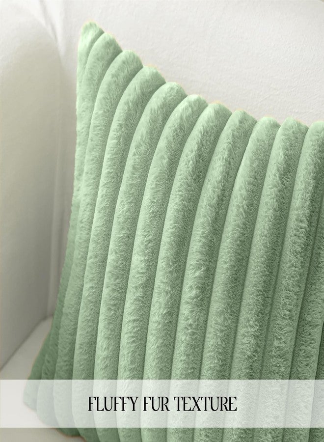 MOSAYT Spring Faux Fur Throw Pillow Covers 18x18, Set of 2, Plush Velvet Soft Pillow Case,Fluffy Striped Decorative Couch Pillow Covers for Sofa, Bedroom, Living Room(Sage Green) - Image 3