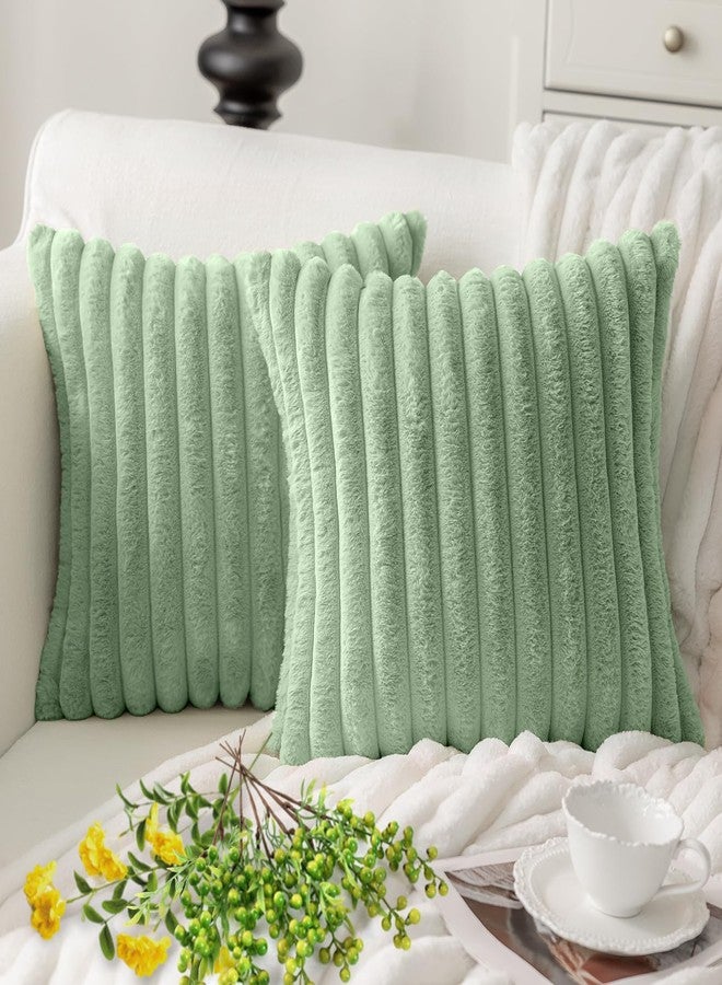 MOSAYT Spring Faux Fur Throw Pillow Covers 18x18, Set of 2, Plush Velvet Soft Pillow Case,Fluffy Striped Decorative Couch Pillow Covers for Sofa, Bedroom, Living Room(Sage Green) - Image 1