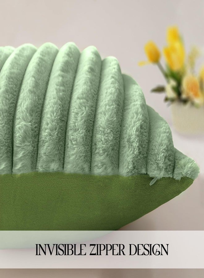 MOSAYT Spring Faux Fur Throw Pillow Covers 18x18, Set of 2, Plush Velvet Soft Pillow Case,Fluffy Striped Decorative Couch Pillow Covers for Sofa, Bedroom, Living Room(Sage Green) - Image 4