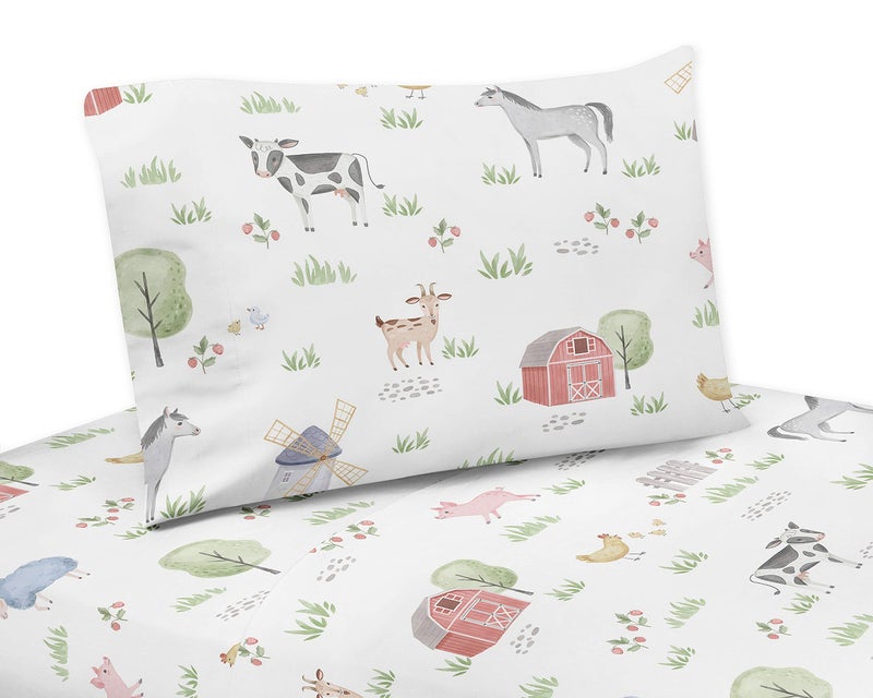 Sweet Jojo Designs Farm Animals Queen Sheet Set  4 Piece Set  Watercolor Farmhouse Horse Cow Sheep Pig