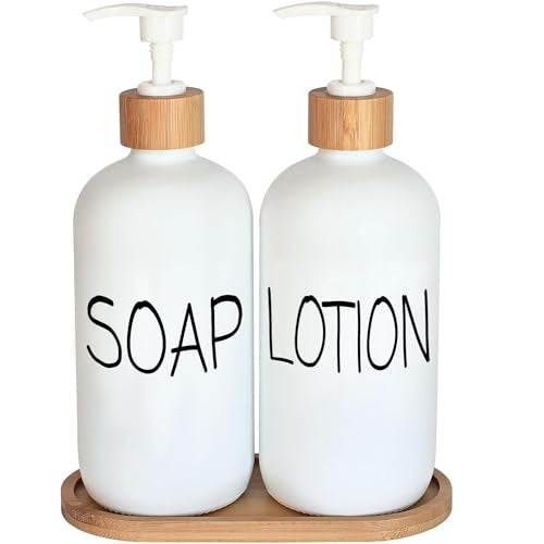 DIDROOM White Soap Dispenser Bathroom Set Set with Glass Dispenser Bamboo Pumps Tray Hand and Lotion Suitable for Farmhouse Decor - Image 1