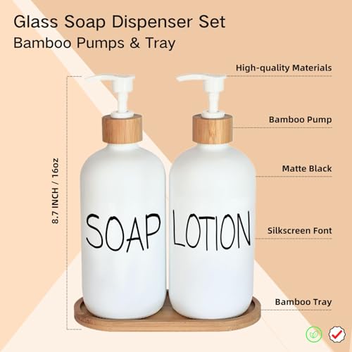 DIDROOM White Soap Dispenser Bathroom Set Set with Glass Dispenser Bamboo Pumps Tray Hand and Lotion Suitable for Farmhouse Decor - Image 3