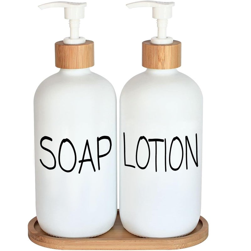 DIDROOM White Soap Dispenser Bathroom Set Set with Glass Dispenser Bamboo Pumps Tray Hand and Lotion Suitable for Farmhouse Decor - Image 2