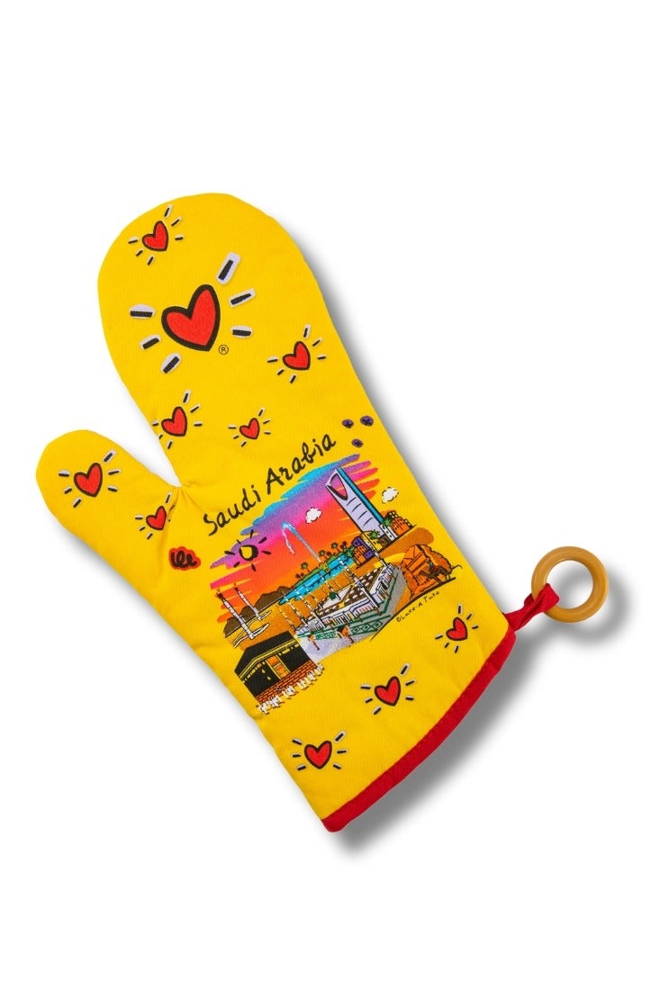 قفاز فرن حراري بتصميم معالم السعودية مع قلوب تعبيرية