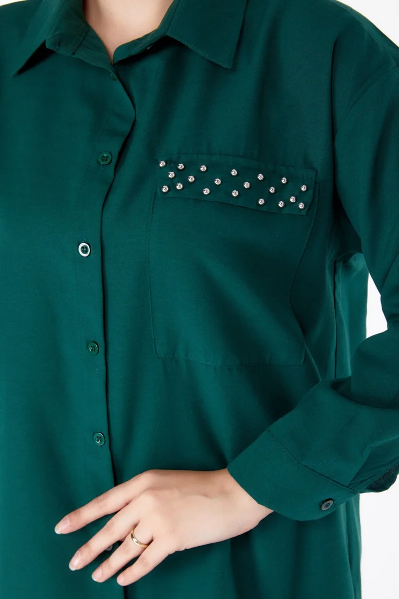 Tofisa Plain Shirt Collar Women's Green Stone Detailed Shirt - 13194