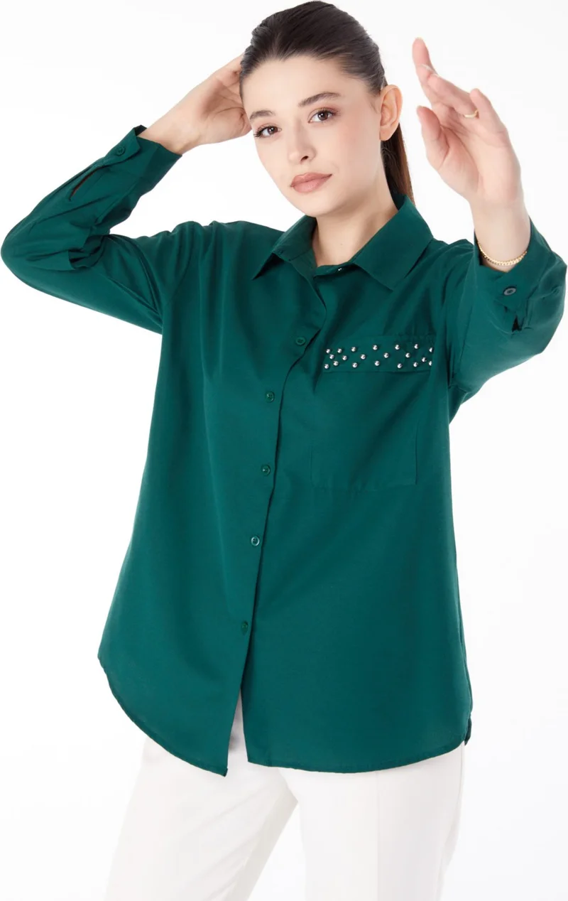 Tofisa Plain Shirt Collar Women's Green Stone Detailed Shirt - 13194