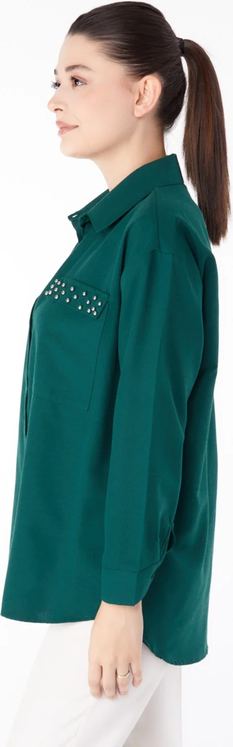 Tofisa Plain Shirt Collar Women's Green Stone Detailed Shirt - 13194