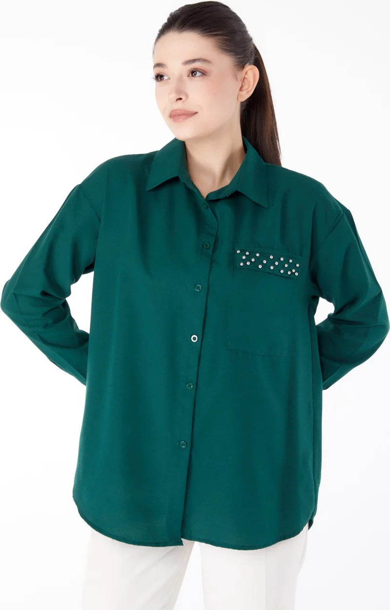 Tofisa Plain Shirt Collar Women's Green Stone Detailed Shirt - 13194