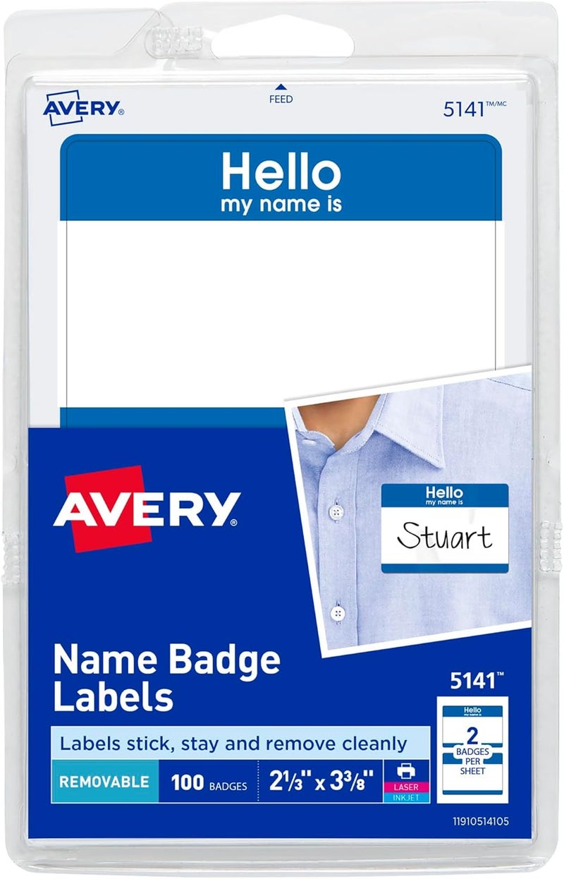 AVERY Hello My Name is Name Tags, White with Blue Border, 100 Removable Name Badges (05141) - Image 1