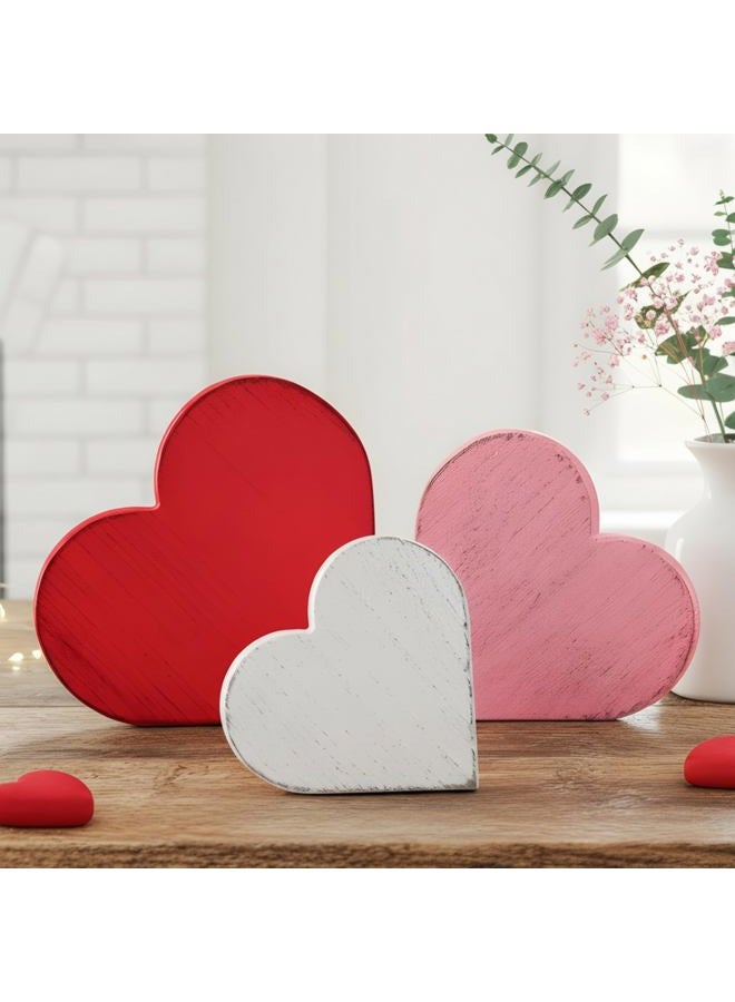 Rmeosye Valentine's Day Wooden Heart Decorations, 3pcs Red, Pink & White Distressed Farmhouse Hearts, Rustic Valentine's Tabletop Decor for Home, Tiered Tray, Mantel, Fireplace, Shelf, or Office - Image 1