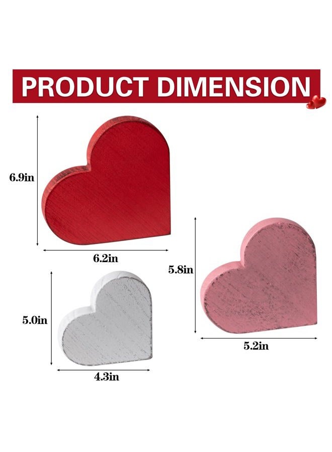 Rmeosye Valentine's Day Wooden Heart Decorations, 3pcs Red, Pink & White Distressed Farmhouse Hearts, Rustic Valentine's Tabletop Decor for Home, Tiered Tray, Mantel, Fireplace, Shelf, or Office - Image 2