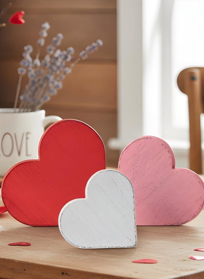 Rmeosye Valentine's Day Wooden Heart Decorations, 3pcs Red, Pink & White Distressed Farmhouse Hearts, Rustic Valentine's Tabletop Decor for Home, Tiered Tray, Mantel, Fireplace, Shelf, or Office - Image 3