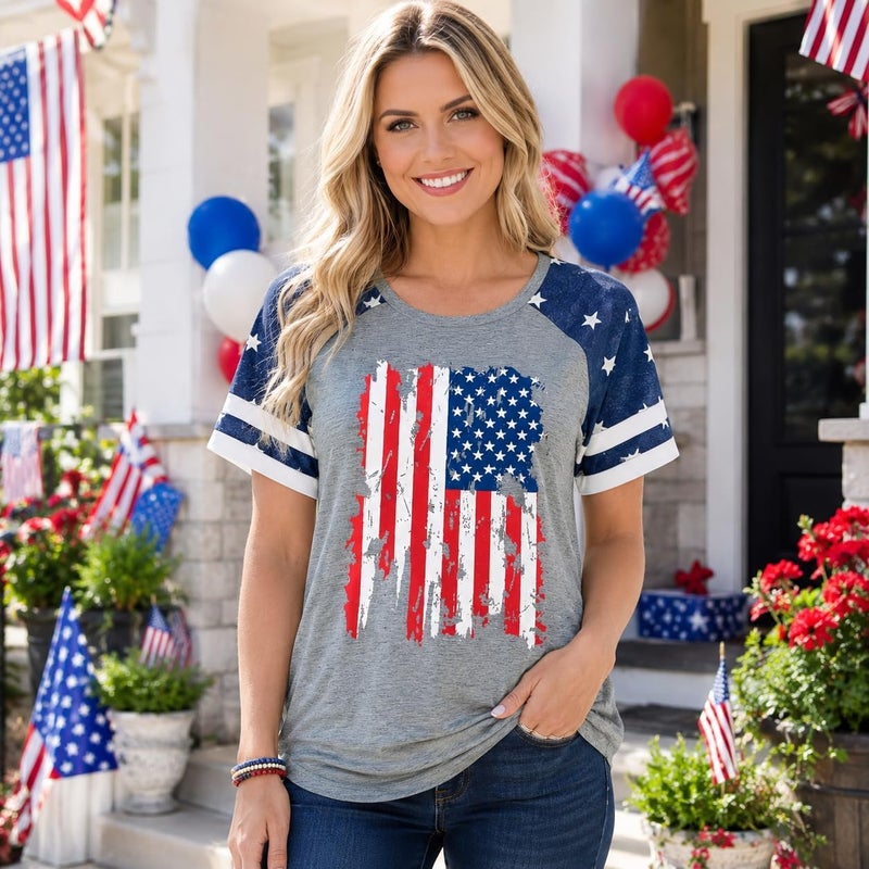 RETSUGO Women's American Flag Shirts Tee 4th of July T Shirts Patriotic Short Sleeve Star Stripes USA Tee Tops - Image 2