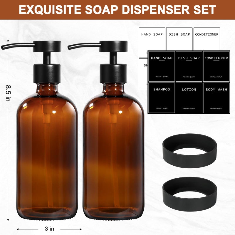 RYTOXILO Hand Soap Dispenser for Bathroom 2 Pack, Amber Glass Soap Dispenser with Stainless Steel Pump, 16.9 Fl oz Hand and Dish Soap Dispensers Set Kitchen, Modern Brown Soap Lotion Dispensers Bottle - Image 2