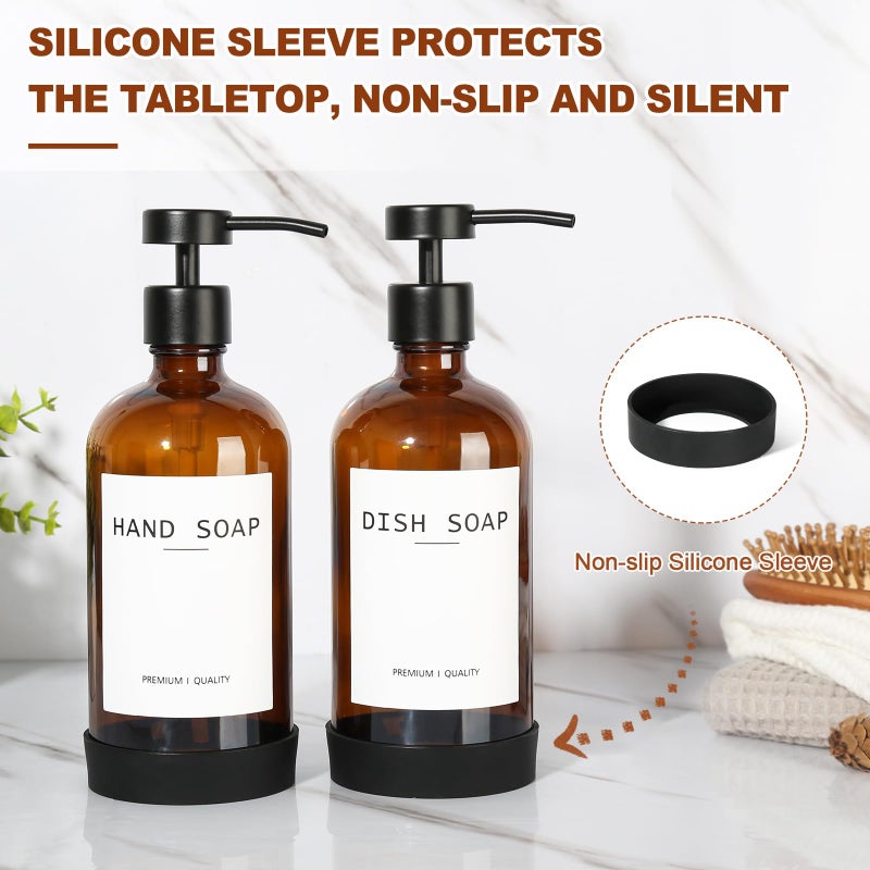 RYTOXILO Hand Soap Dispenser for Bathroom 2 Pack, Amber Glass Soap Dispenser with Stainless Steel Pump, 16.9 Fl oz Hand and Dish Soap Dispensers Set Kitchen, Modern Brown Soap Lotion Dispensers Bottle - Image 5