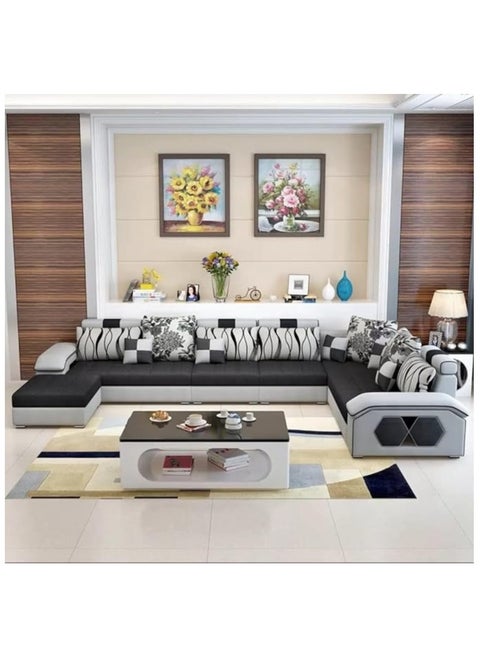 Silvester U Shape 9 Seater Modern Interchangeable Fabric Sofa Set With 4 Puffy