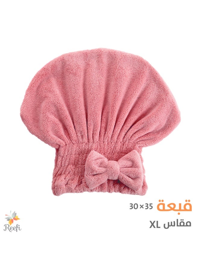 قبعة تنشيف شعر نسائية قطنية من ريفي مع فيونكة – مقاس XL 30×35 سم، منشفة شعر ناعمة وممتصة بعد الاستحمام – وردي