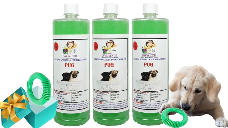 swacch Shampoo | Puppy Safe Shampoo | Pug Dog Shampoo 1 Litre Pack of 3 Neem Alovera + | O PVC Ring Rubber Chew Toy | Teething Chew Toy I Dental Teething I Durable I Combo Pack - Image 1