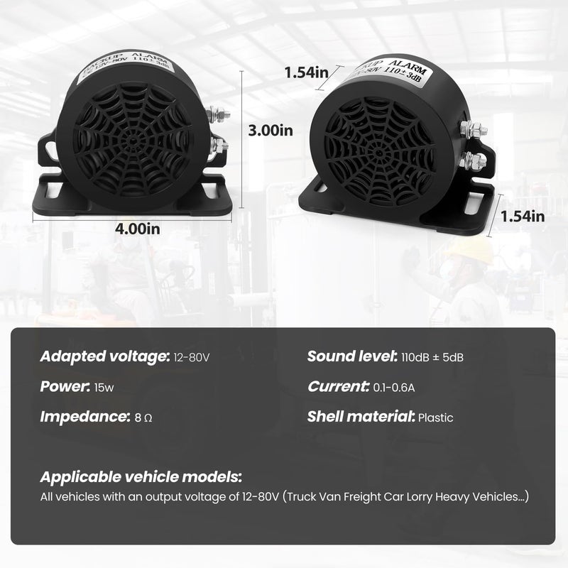 إنذار الرجوع للخلف من للسيارات، 110 ديسيبل 12V-80V DC مقاوم للماء، إنذار تحذير عكسي صناعي ثقيل مع صوت صفير عالٍ جدًا للشاحنات والفانات والسيارات والشاحنات الثقيلة - Image 2