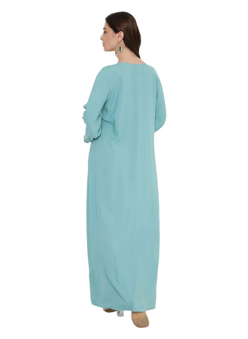 HANA & SARA Relaxed Trendy Blue Floral Embroidery Arabic Jalabiya With Round Neckline