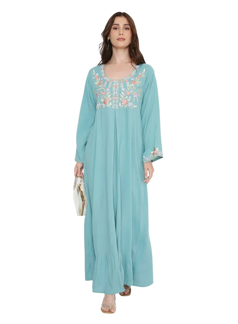 HANA & SARA Relaxed Trendy Blue Floral Embroidery Arabic Jalabiya With Round Neckline