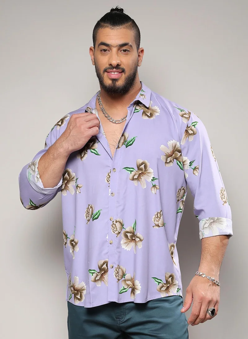 انستافاب بلس قميص رجالي مطبوع باللون اللافندر من إنستافاب بلس للملابس الكاجوال بأكمام طويلة وياقة عادية