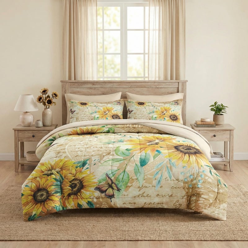 WeCozy 7 Pcs Queen Size Comforter Set with 2 Pillowcases & 2 Shams, Sunflower Floral Yellow Bedding for Kids and Adults, Flower Rustic Thanksgiving Bed in a Bag with Flat Fitted Sheet - Image 1