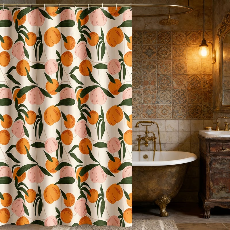 1pc Pure Polyester Digital Print Peach Shower Curtain Decorative With 12 Plastic Hooks 72 W X 96 H - Image 3