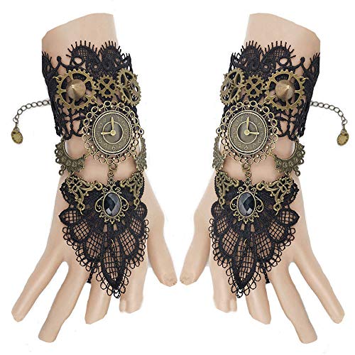 Juland Fingerless Gloves Gothic Floral Lace Steampunk Wristband Clock Vintage Gear Gloves Bridal Bracelet Rhinestone Ring Set - 1 Pair -S392 - Image 1