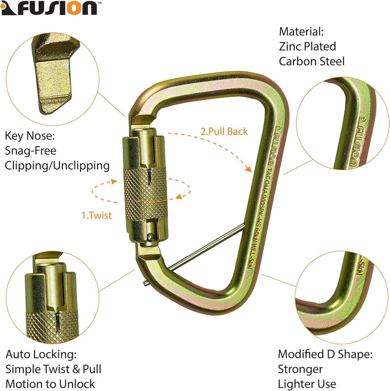 FUSION Climb Tacoma Steel High Strength Auto Lock Modified D-Shaped Steel Carabiner, Steel Clip - Image 3
