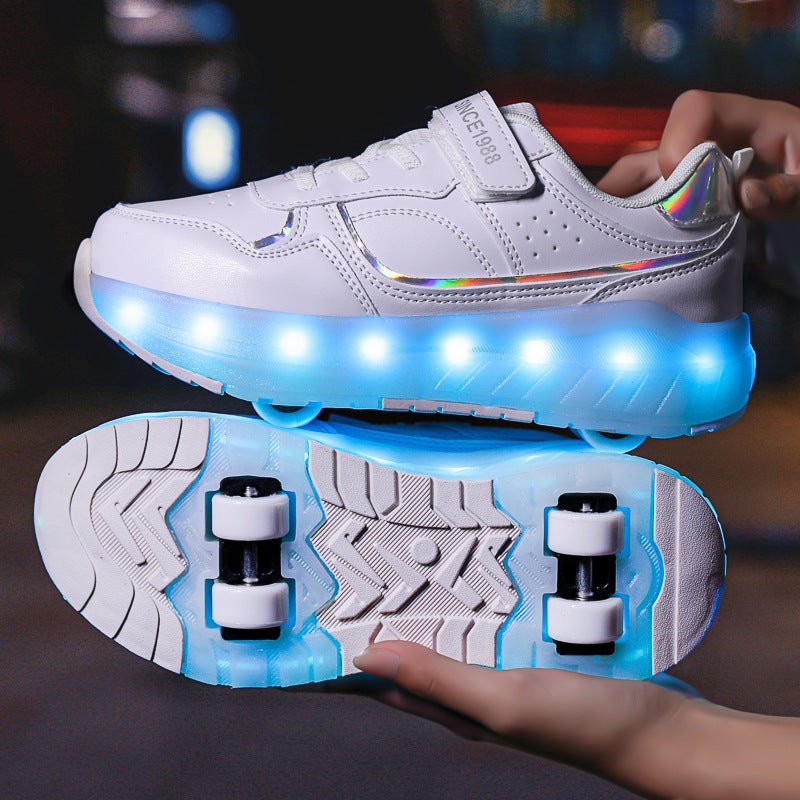 Generic New Kids Sneakers with Wheels, Boys and Girls Roller Skate Shoes 9988 pure white [four wheels with lights]] 