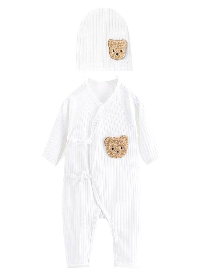 HEYXI Baby Cotton Jumpsuit & e Hat Long Sleeve Romper Infant Coveralls Spring Bodysuit Cartoon Bear Breathable Outfit White - Image 1