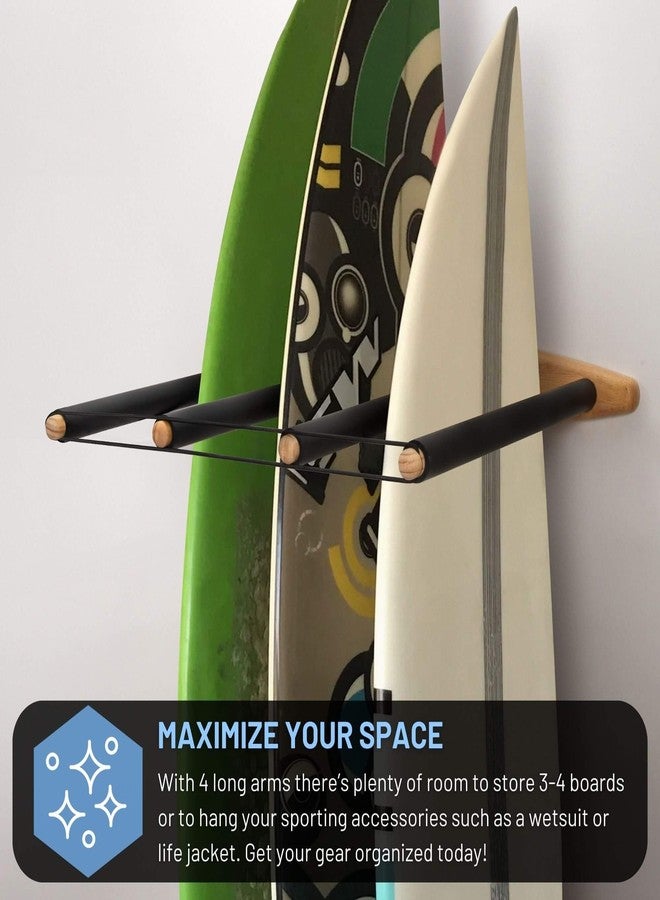 Hang 11 Vertical Surfboard Rack - Surf Racks for Wall, Sustainable Hardwood Surf Board Holder with Rubber Mat, Surfboard Wall Mount, Paddle Board & SUP Garage Storage (4 arms / 3-4 boards) - Image 4
