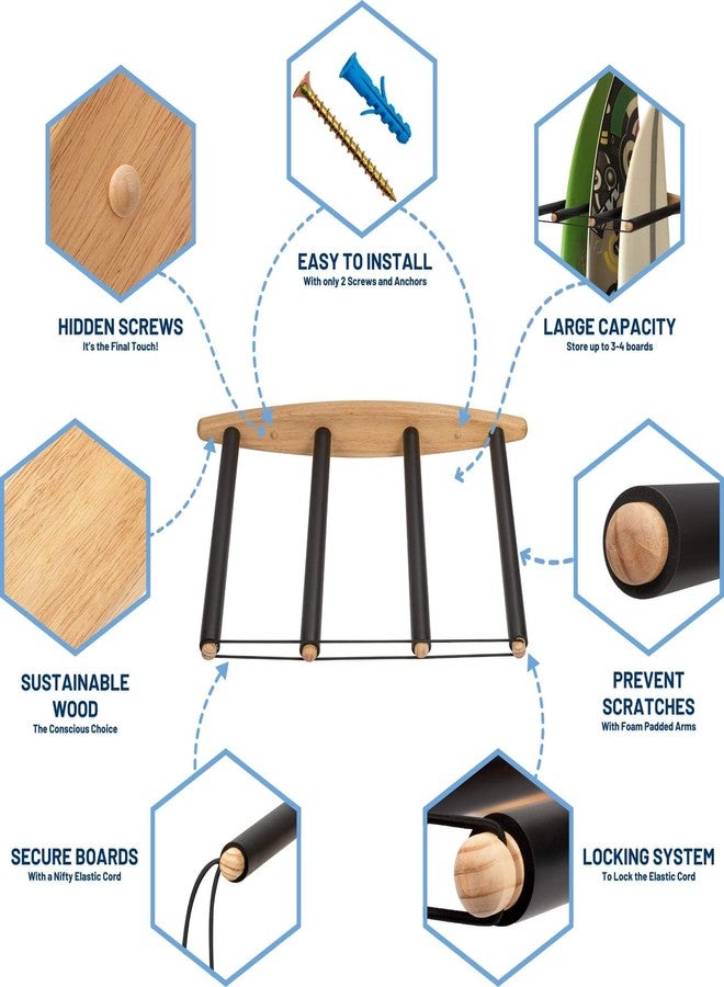 Hang 11 Vertical Surfboard Rack - Surf Racks for Wall, Sustainable Hardwood Surf Board Holder with Rubber Mat, Surfboard Wall Mount, Paddle Board & SUP Garage Storage (4 arms / 3-4 boards) - Image 3