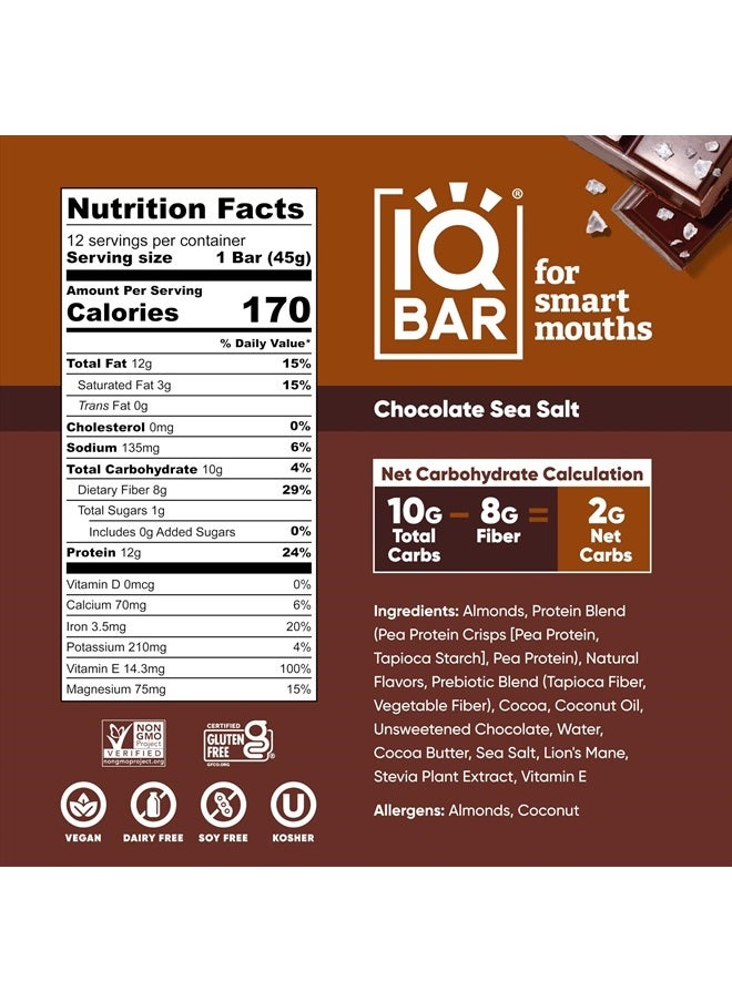 IQBAR - Brain and Body Plant Protein Bars - Chocolate Sea Salt - 12 Count, Low Carb, High Fiber, Gluten Free, Vegan Snacks - Low Sugar Keto Energy Bar - Image 1