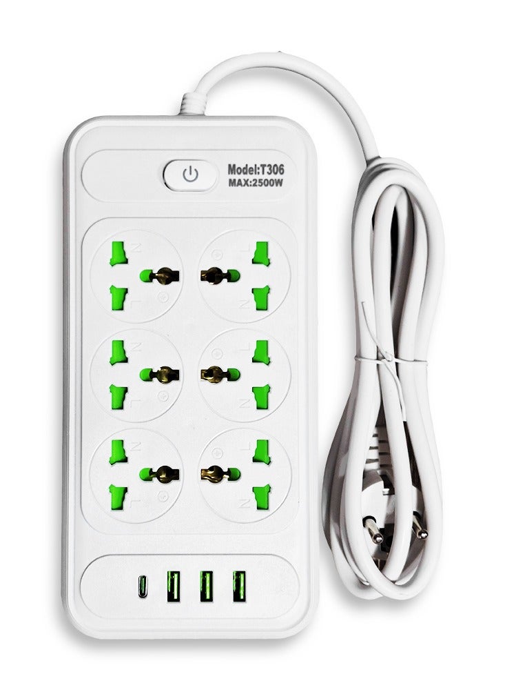 T206 Multi-Outlet Power Strip – 2500W – 6 Power Outlets with Over-Current Protection, 3 USB Ports and a Type-C Port for Fast Charging – Powerful and Safe Extension Cord for Home and Office Use – Sleek and Modern White Design - Image 1