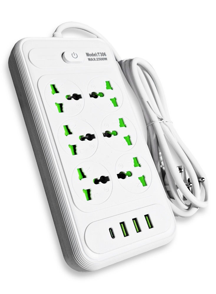 T206 Multi-Outlet Power Strip – 2500W – 6 Power Outlets with Over-Current Protection, 3 USB Ports and a Type-C Port for Fast Charging – Powerful and Safe Extension Cord for Home and Office Use – Sleek and Modern White Design - Image 2