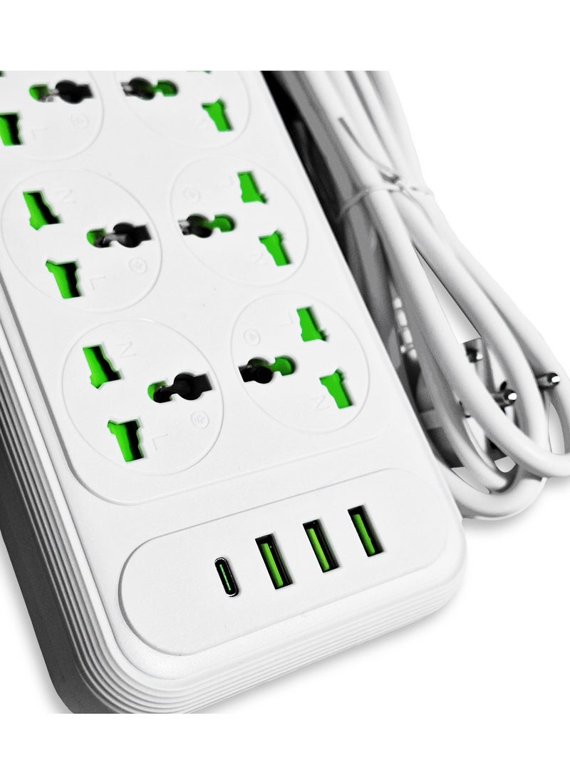 T206 Multi-Outlet Power Strip – 2500W – 6 Power Outlets with Over-Current Protection, 3 USB Ports and a Type-C Port for Fast Charging – Powerful and Safe Extension Cord for Home and Office Use – Sleek and Modern White Design - Image 3