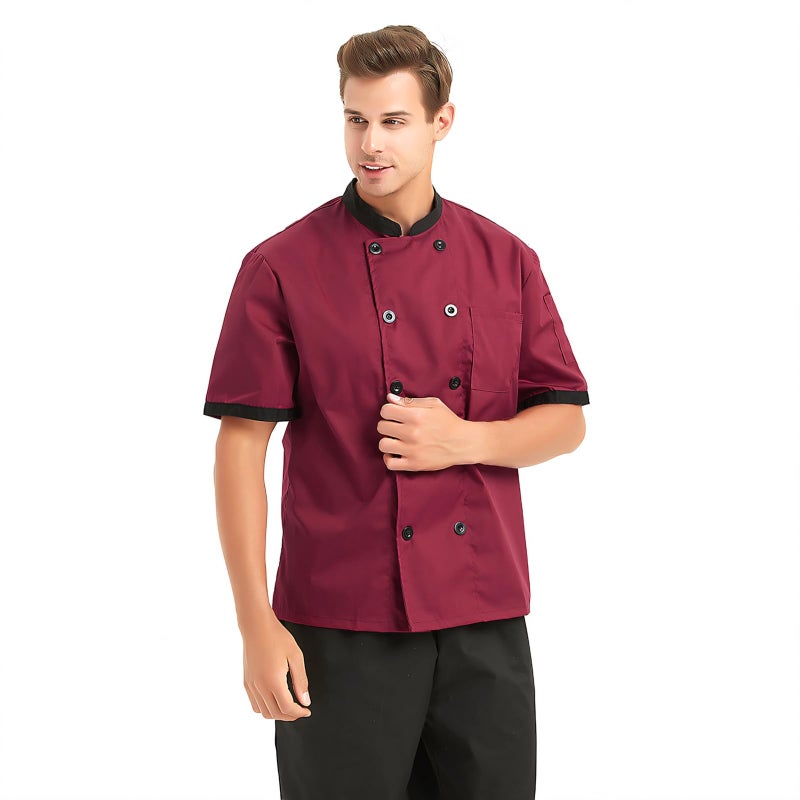 TopTie Unisex Short Sleeve Chef Coat Jacket, Red - Image 3