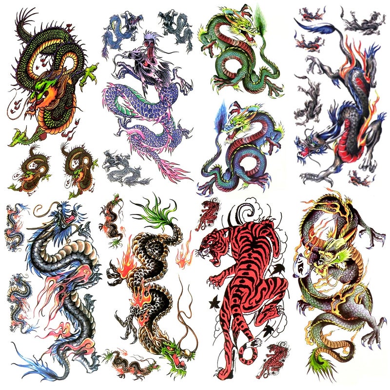 8 sheets Arm Temporary Tattoos Colorful Chinese Blue Green Dragon Tiger