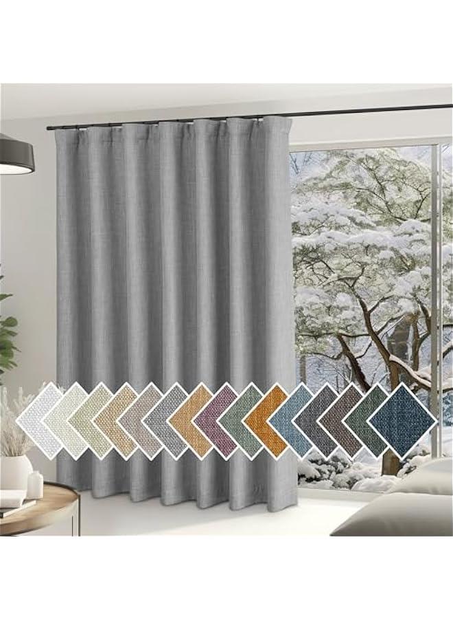 Arabest Extra Wide Light Grey Sliding Door Curtains, Hook Belt/Rod Pocket/Back Tab Faux Linen Thermal Drape Room Dividers Window Treatments for Living Room/Bedroom, W100 x L84, 1 Panel  - Image 1