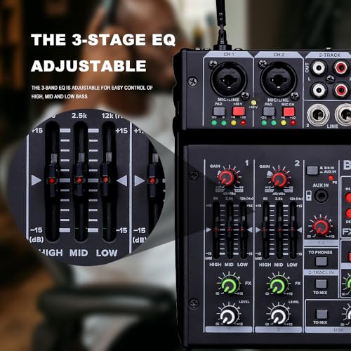 BOMGE 04E karaoke Audio mixer,4 Channel Mixer With Dual UHF Wireless Mic, Sound Board Console MP3 Bluetooth 48V Phantom Power USB Audio Interface DJ Mixing for Party Computer Studio Recording (04E) - Image 5