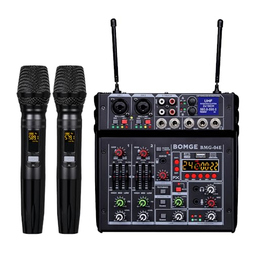 BOMGE 04E karaoke Audio mixer,4 Channel Mixer With Dual UHF Wireless Mic, Sound Board Console MP3 Bluetooth 48V Phantom Power USB Audio Interface DJ Mixing for Party Computer Studio Recording (04E) - Image 1