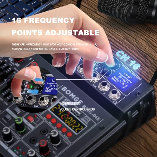 BOMGE 04E karaoke Audio mixer,4 Channel Mixer With Dual UHF Wireless Mic, Sound Board Console MP3 Bluetooth 48V Phantom Power USB Audio Interface DJ Mixing for Party Computer Studio Recording (04E) - Image 4