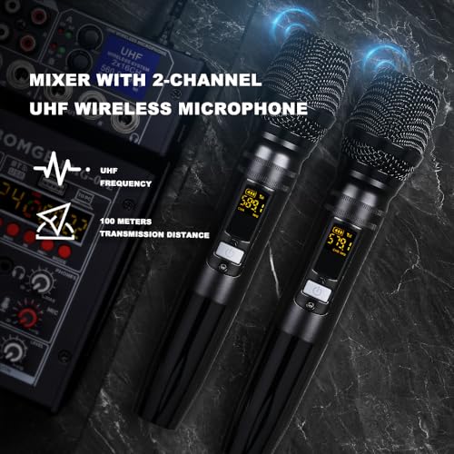 BOMGE 04E karaoke Audio mixer,4 Channel Mixer With Dual UHF Wireless Mic, Sound Board Console MP3 Bluetooth 48V Phantom Power USB Audio Interface DJ Mixing for Party Computer Studio Recording (04E) - Image 2