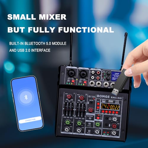 BOMGE 04E karaoke Audio mixer,4 Channel Mixer With Dual UHF Wireless Mic, Sound Board Console MP3 Bluetooth 48V Phantom Power USB Audio Interface DJ Mixing for Party Computer Studio Recording (04E) - Image 3