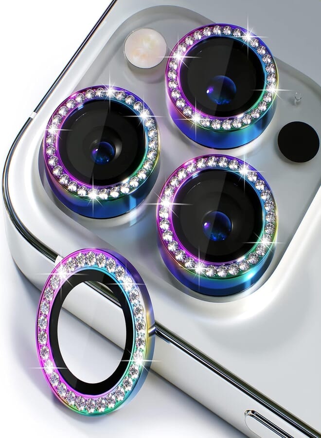 Next Next Store Camera Lens Protector for iPhone 14 Pro/14 Pro Max, 9H Tempered Glass Camera Cover Metal Ring Decoration Accessories (Glossy MultiColor)